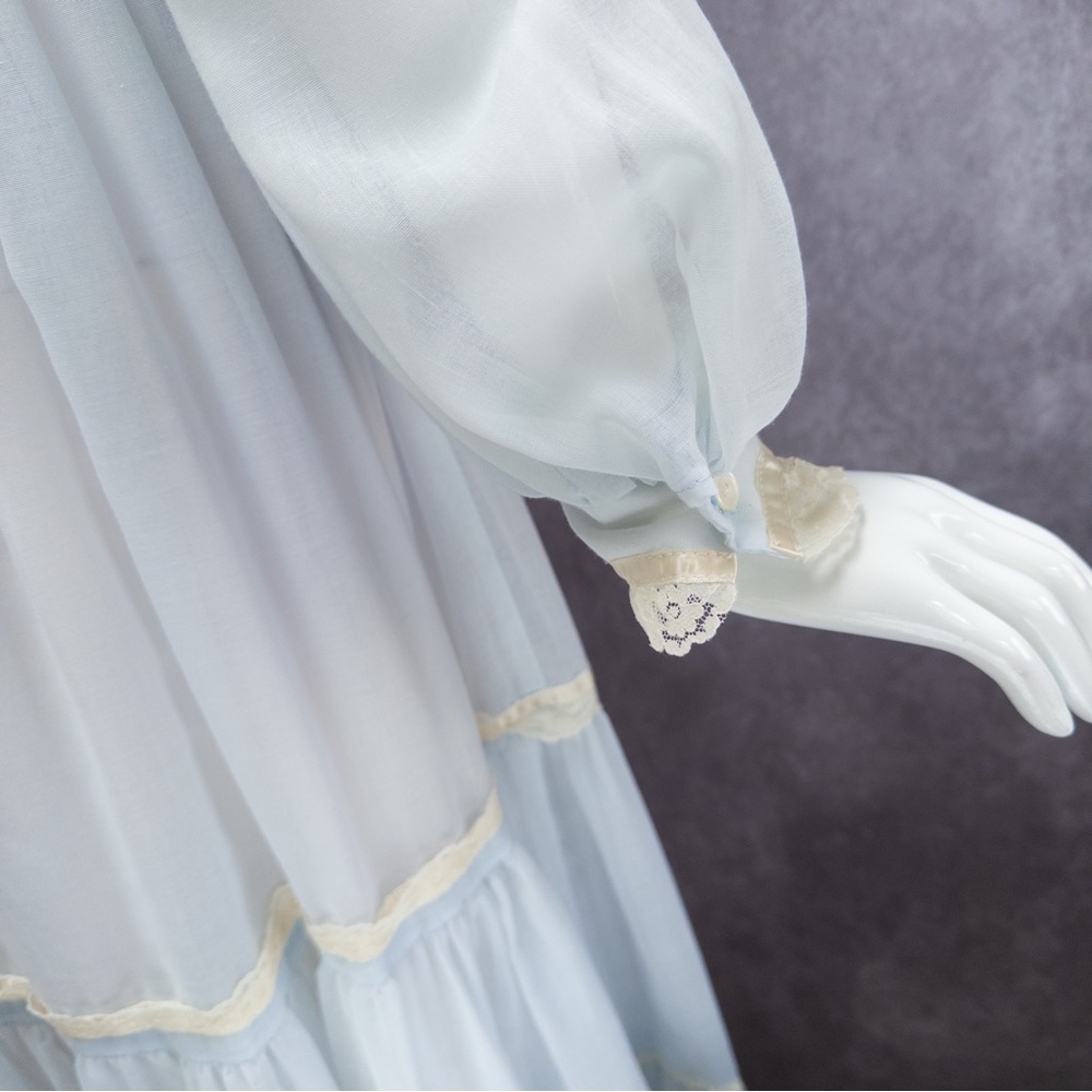 Vintage 70s Gunne Sax Baby Blue Chiffon Prairie Maxi Dress, ~24” waist - Picture 9 of 12